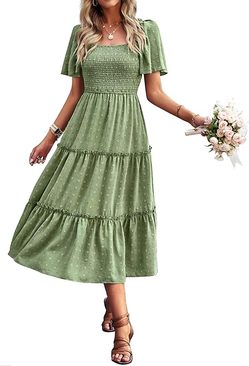 Damen Smocked Midi Kleid Kurzarm U-Ausschnitt Sommerkleid A-Linie Maxikleid Cocktail