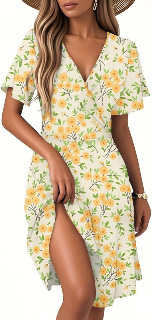 Damen Rüschen Ärmel Wrap Kleid Leicht und Luftig Elegant Abendkleider Hohe Taille Floral Kleider mit Luftige Rüschen Saum Boho