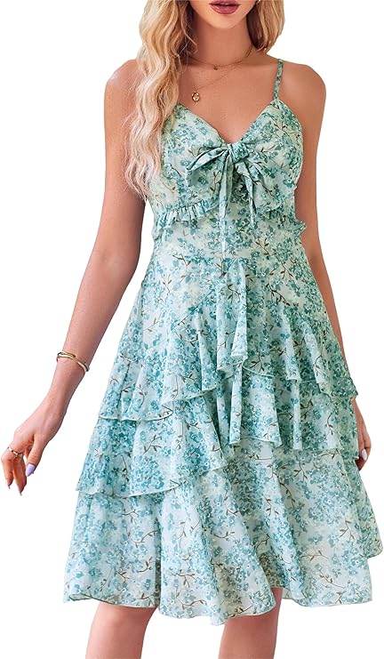 Damen Sommer Blumen Freizeitkleid Spaghetti-Träge Bindefront Midi-Kleider
