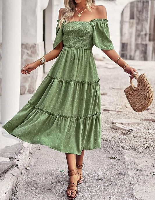 Damen Smocked Midi Kleid Kurzarm U-Ausschnitt Sommerkleid A-Linie Maxikleid Cocktail